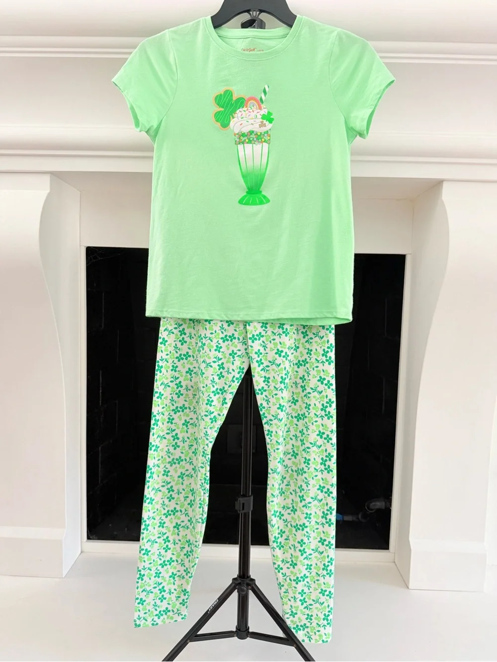 Cat & Jack Light Green Shamrock Milkshake Tee &  Floral Leggings- Girls 10-12